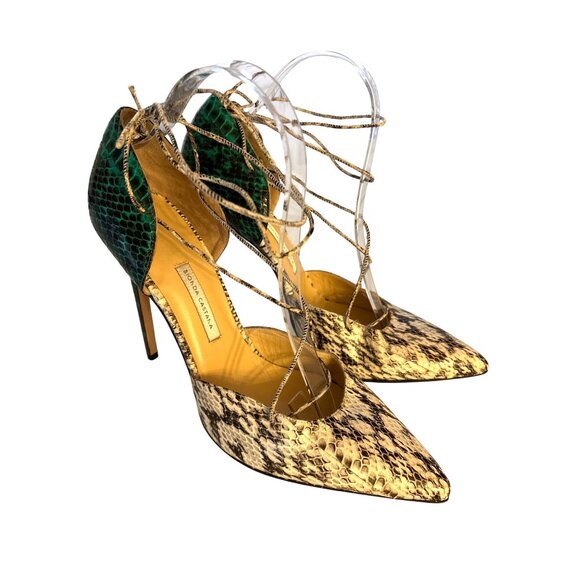 Bionda Castana Stiletto Heels Size 40 / 9-9.5 Snakeskin Two Toned Ankle Ties - Picture 2 of 11